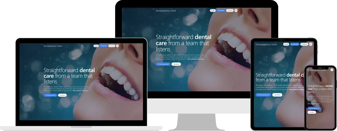 Modern dental practice website example, clean confident contemporary look